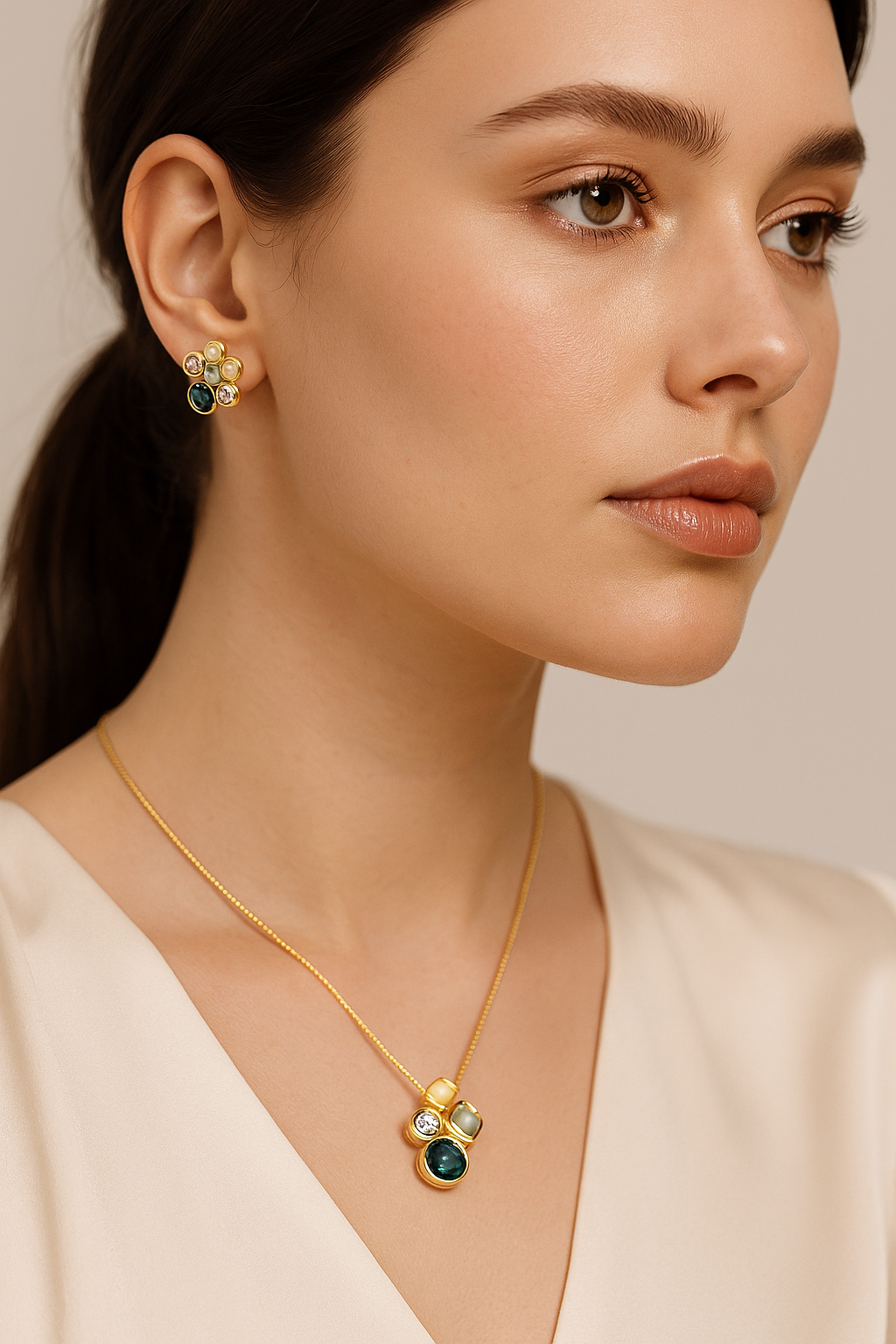Aurora Luxe Gemstone Necklace & Earring Set – Premium Gold-Finish Statement Jewellery