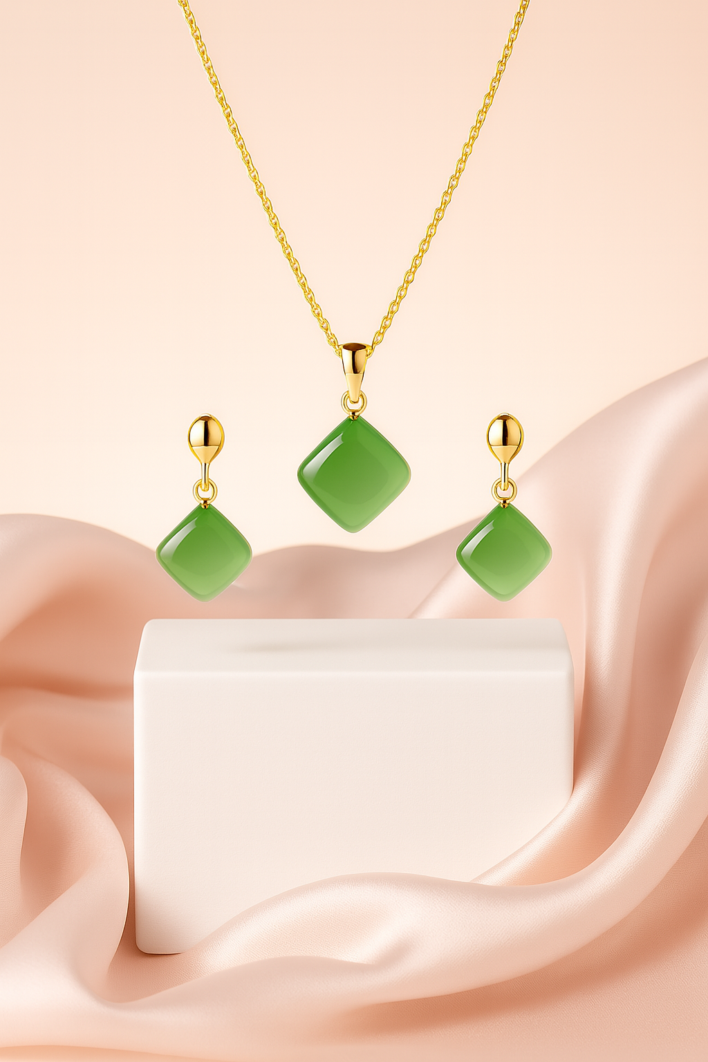 Emerald Glow Cushion-Cut Pendant Set – Premium Green Stone Necklace & Matching Earrings | Gold-Plated Luxury Jewellery