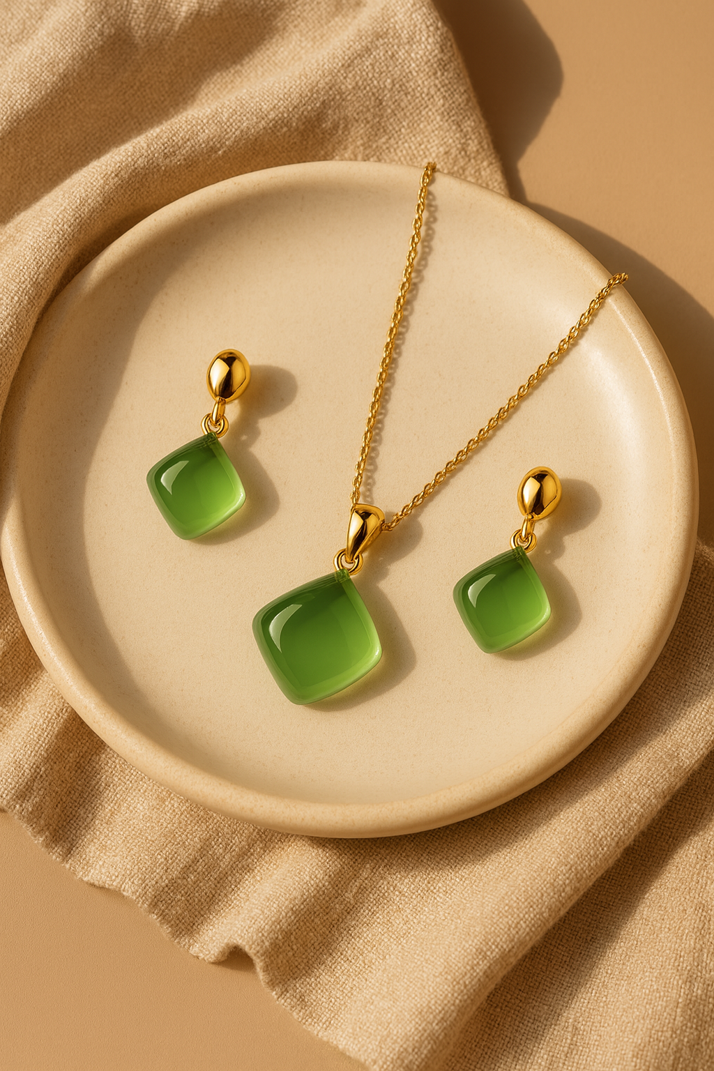 Emerald Glow Cushion-Cut Pendant Set – Premium Green Stone Necklace & Matching Earrings | Gold-Plated Luxury Jewellery