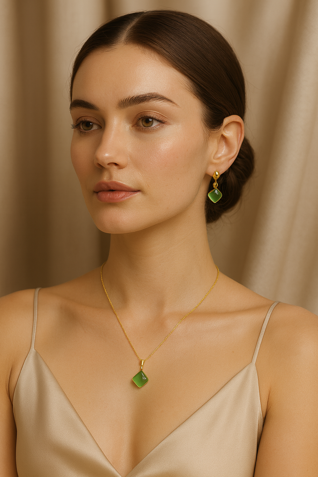 Emerald Glow Cushion-Cut Pendant Set – Premium Green Stone Necklace & Matching Earrings | Gold-Plated Luxury Jewellery