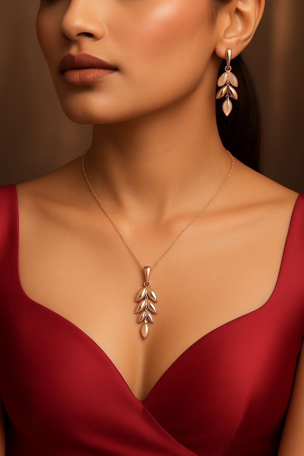 Elysian Leaf Cascade Rose Gold Jewellery Set