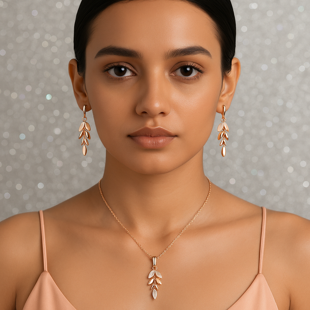 Elysian Leaf Cascade Rose Gold Jewellery Set