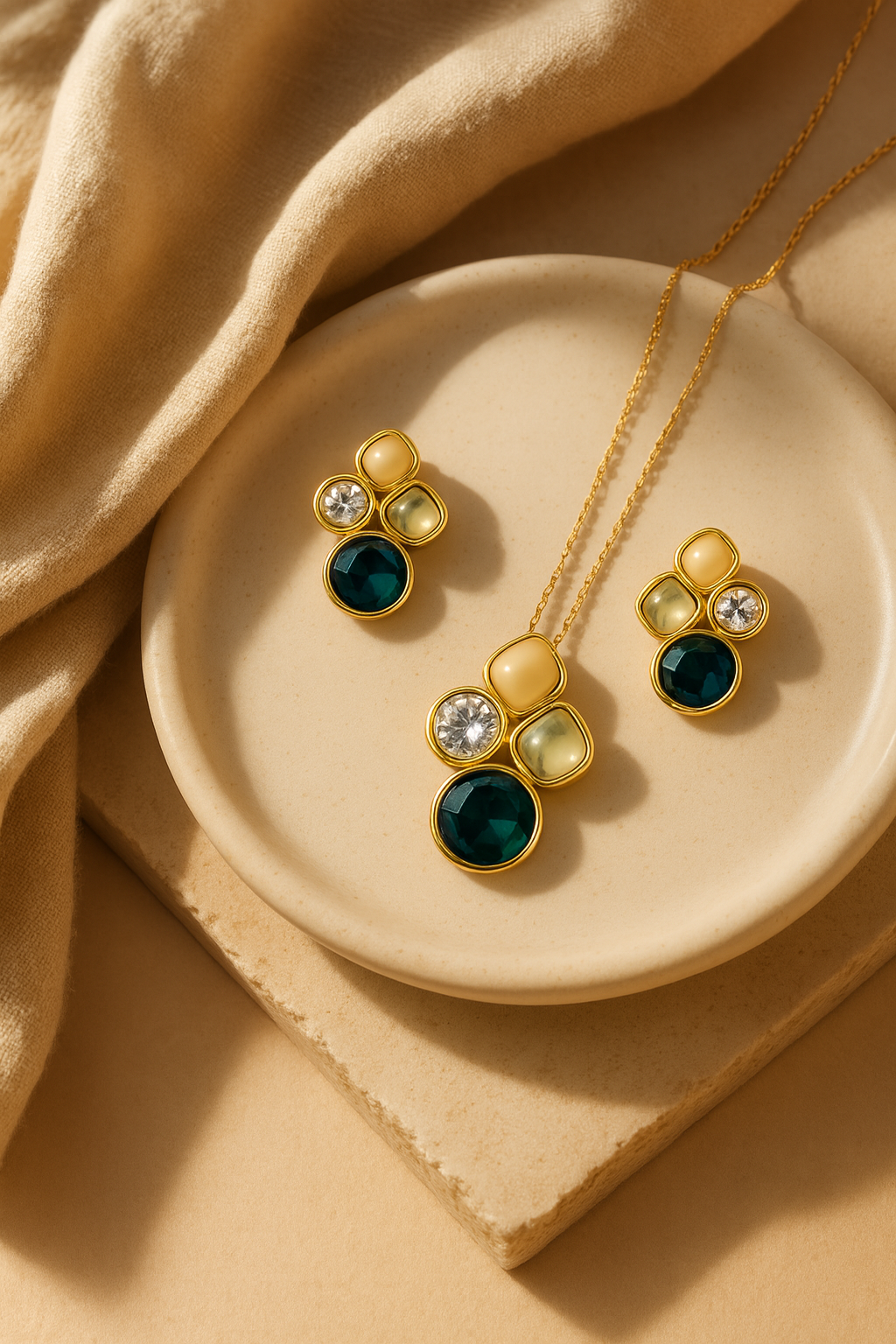 Aurora Luxe Gemstone Necklace & Earring Set – Premium Gold-Finish Statement Jewellery