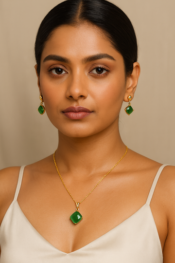 Emerald Glow Cushion-Cut Pendant Set – Premium Green Stone Necklace & Matching Earrings | Gold-Plated Luxury Jewellery