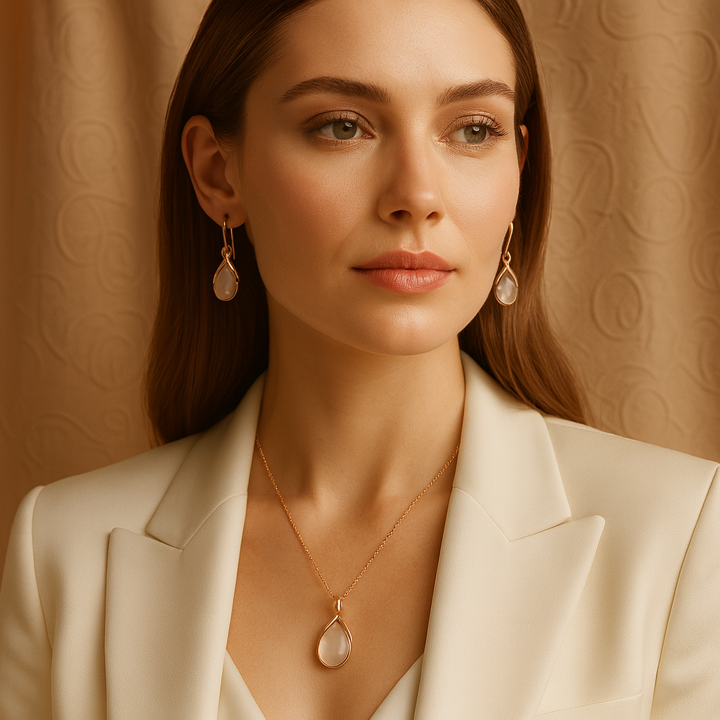 CARROT Rose Gold Teardrop Elegance Jewellery Set – Necklace & Earrings | Premium Gloss Gemstone Design