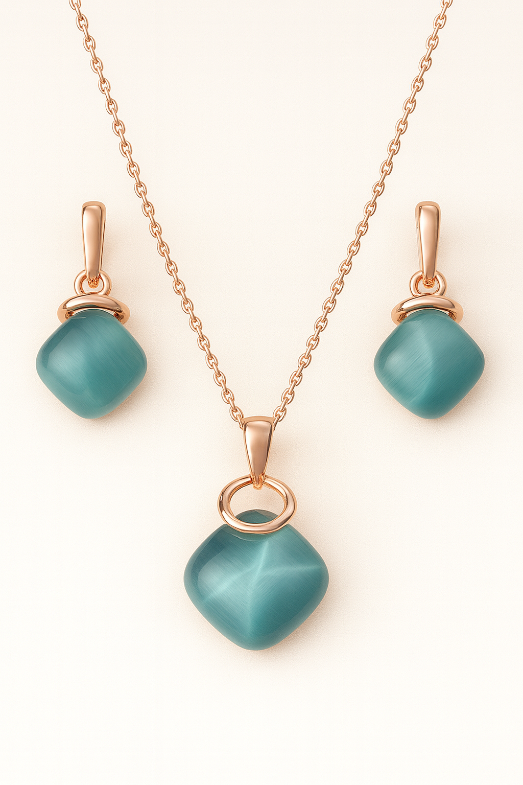 Carrot's Aqua-glow Cushion-Cut Charm Set – Premium Rose Gold Necklace & Earrings