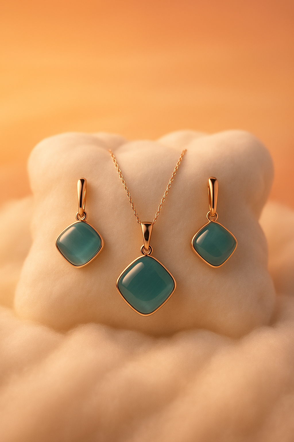 Carrot's Aqua-glow Cushion-Cut Charm Set – Premium Rose Gold Necklace & Earrings