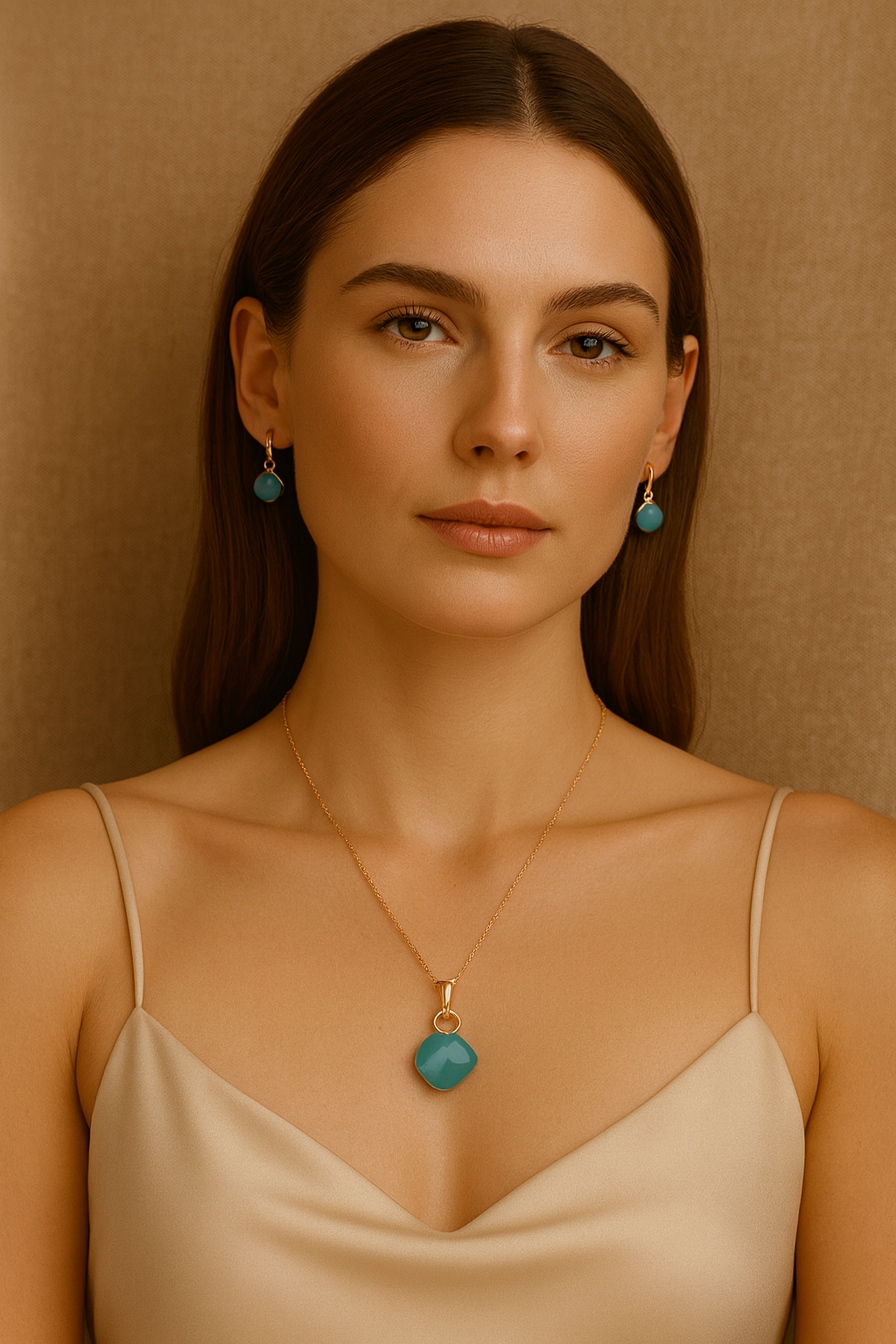 Carrot's Aqua-glow Cushion-Cut Charm Set – Premium Rose Gold Necklace & Earrings