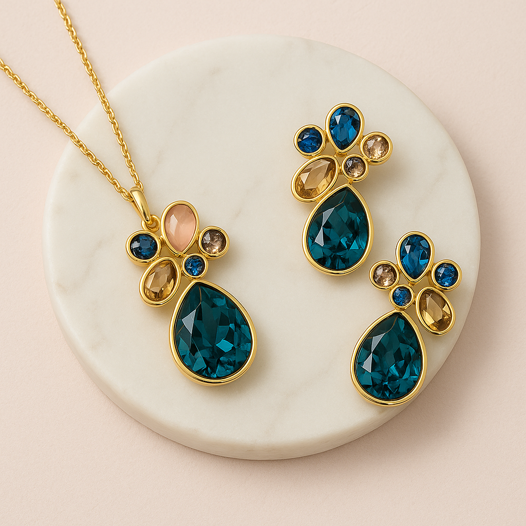 Aurora Luxe Teal Crystal Necklace & Earring Set – Premium Gold-Plated Statement Jewellery