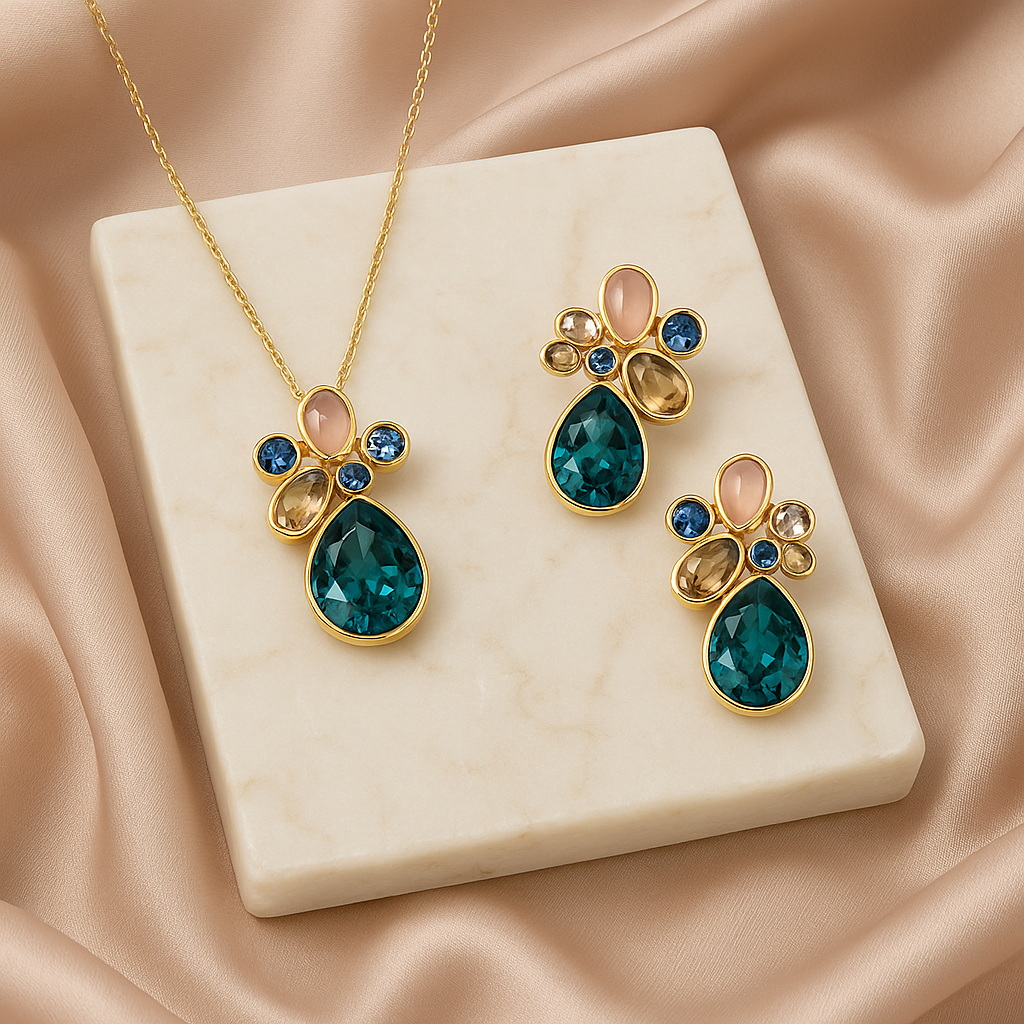 Aurora Luxe Teal Crystal Necklace & Earring Set – Premium Gold-Plated Statement Jewellery