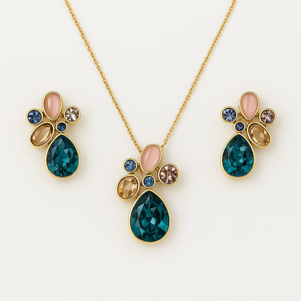 Aurora Luxe Teal Crystal Necklace & Earring Set – Premium Gold-Plated Statement Jewellery
