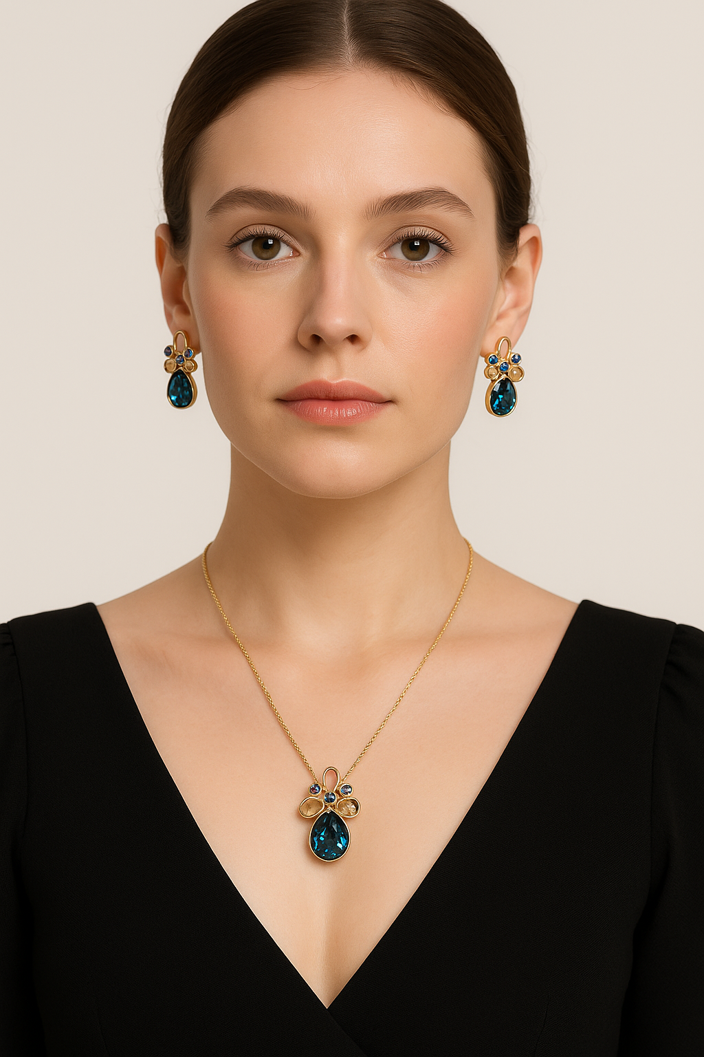 Aurora Luxe Teal Crystal Necklace & Earring Set – Premium Gold-Plated Statement Jewellery