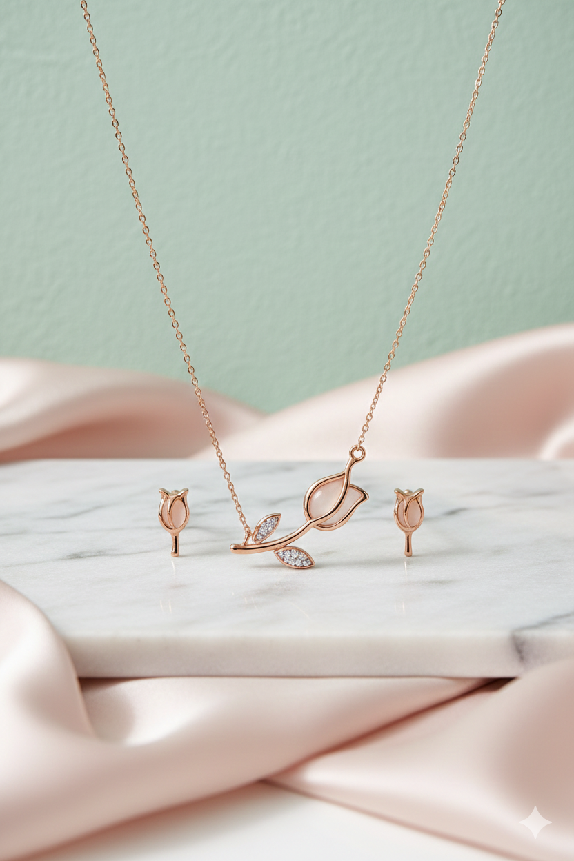 Luxe Tulip Blossom Jewellery Set – Rose Gold Finish | Premium Women’s Jewellery